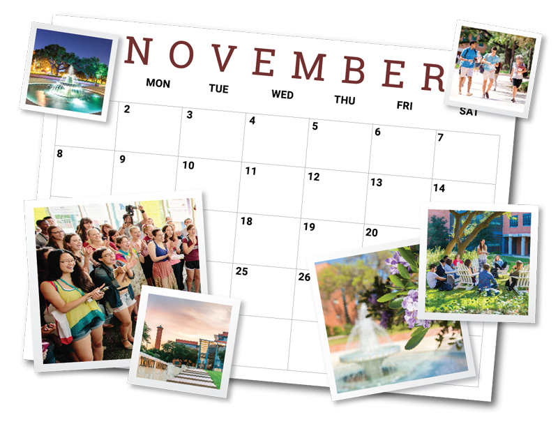 a desktop calendar with photos of Trinity spread across it