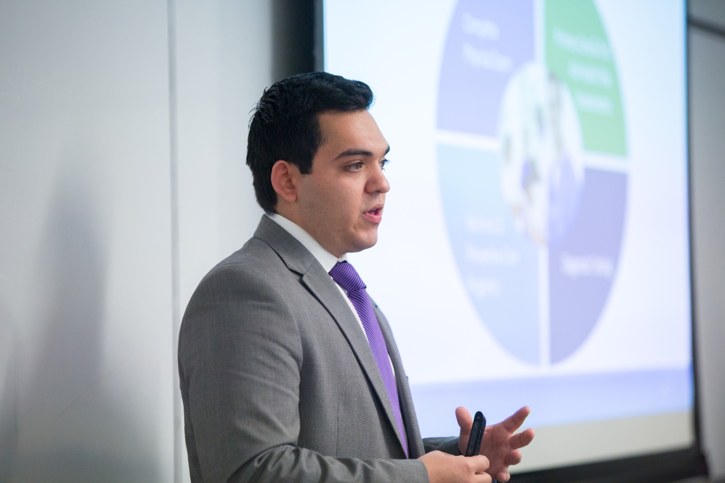 Graduate student presents a business plan in a classroom.