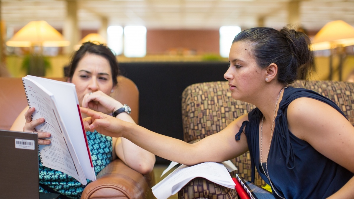 Two students discussing writing assignment
