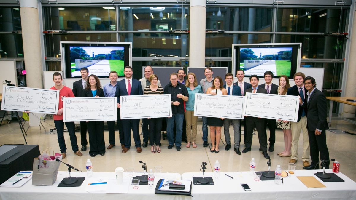 Prize winners from Trinity's entrepreneurship program pose for a group photo