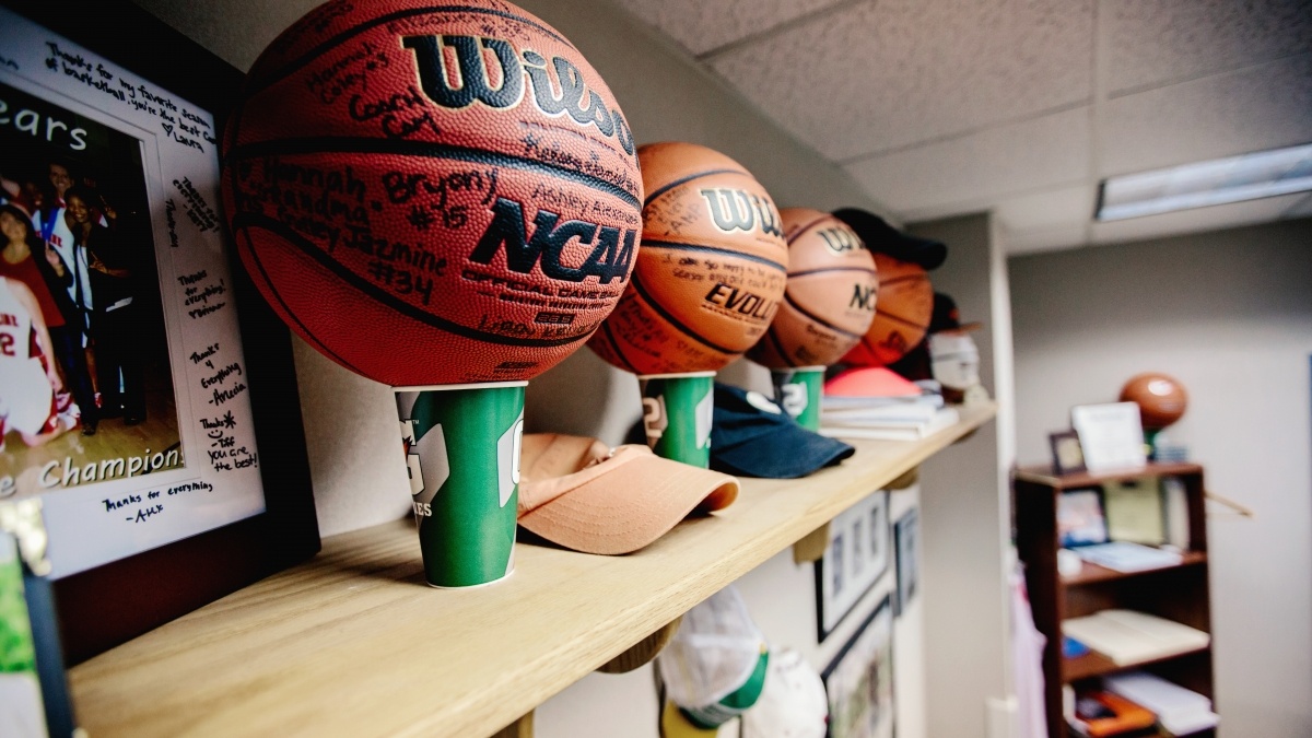 Basketball memorabilia on a shelf