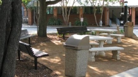 Outdoor picnic tables located outside of the Witt Reception Center